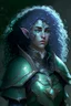 Placeholder: Female moon elf twilight cleric in dark green armour with blueish curly hair and white eyes