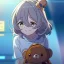 Placeholder: Clear focus, High resolution, a anime kid, cute, cartoony style, smiling, anime screencap, hair between eyes, holding a brown teddy bear, small forhead, female, medium length hair