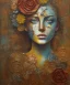 Placeholder:  an abstract painting of rusted metal and flowers, african portrait, rust, scaffolding, iron cladding, decay, mixed media, textured, anatomically correct, beautiful perfect face, sharp focus, highly detailed, injured face