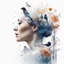 Placeholder: White background, double exposure, portrait of a woman in profile, flowers, birds, branches, city, double exposure