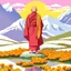 Placeholder: An ice Buddhist monk dressed in a red robe over a yellow shirt and wearing sandals, standing in a field of marigolds and pink violets against the backdrop of the snowy Himalayan peaks, the ground around him is wet from dew balls and morning mist, the monk's figure is reflected in a puddle of water he is standing next to, in a field a yak herder, sun rays Penetrating through white and gray clouds that cover the sky, cinematic photography, wide lens, sharp and clear colors, 24K