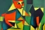 Placeholder: Cubist painting of a cat sitting on a green table