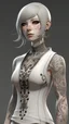 Placeholder: Realistic brutalist anime style. Your skin is light in complexion and porcelain in tone covered in tattoos and piercings. Your body is lean, with little muscle, but not too thin. Your neck-length is pure white and the texture is wavy. You are wearing a long sleeved dress with an elegant bodice that stops at your ankles with thick stockings and leather knee-high boots.