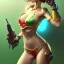 Placeholder: pinup overwatch tracer in a red and green bikini, artwork by greg manchess, medium shot, asymmetrical, organic painting, sunny day, matte painting, bold shapes, hard edges, street art, trending on artstation, by huang guangjian and gil elvgren and sachin teng