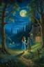 Placeholder: A prince and a village girl secretly meet by the moonlight in an oil painting forest