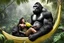 Placeholder: This jungle woman in the hammock is hungry and her male gorilla behind her brings her a big banana to eat in her mouth to satisfy her appetite.