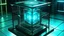 Placeholder: Cube tesseract from movie Loki. Tesseract should not be cropped. Located strictly in the middle of picture with space around it and with navy blue/green glow inside tesseract. Without surface/table on which it stay.