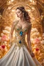 Placeholder: Photography Queen wearing a magical gown of swirly flowing marble water gold filigree curlicues, flowering flowers, bloom, sparkle, ornamental gilt, diamonds, rubies, emeralds, sapphires, beautiful, delicate, intricate, elegant, graceful, shiny, Hyperrealism, Rococo, expressive, spherical, zoom out, volumetric lighting