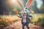 Placeholder: Bugs Bunny holding holding a large carrot in his hand in front of his trousers, with the tip pointing towards us, ethereal, cinematic postprocessing, bokeh, dof