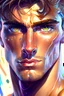 Placeholder: A detailed illustration of a beautiful young male human with muscles holding key . Highly detailed flawless facial features and eyes. . Fairy background, wide angle, abstract design, beautiful, thick flowing paint strokes, fantasy art, modern art, ((soft happy complimentary colors,)) brown eye , 4K resolution.