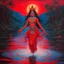 Placeholder: An oil painting of goddess Kali crossing a lake, neon red colors, side angle