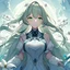 Placeholder: A highly detailed digital painting of an innocent sweet women with light green hair and light green eyes, white flowers in her hair, a beautifully detailed white dress with light green edges, the artworks conveys purity and has a white themed background