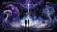 Placeholder: abstract 2d digital art graphic and ink montage,. Deep dark purple ,galaxy background with nebulas, human nervous system with fade little lights , white-dark blue-pale gray and black colors, Clean composition with strange surreal vibe, emotional, abstractions, neurodivergens soul and mind, cinematic, thriller, four little human dark shilouette floatings in universum