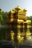 Placeholder: a golden school floating over water with diamonds on top and golden guards around surrounded by a forest.