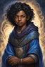 Placeholder: young mulatto sorcerer, thirteen years old, blue eyes, wavy black hair