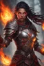 Placeholder: female Paladin Druid with bright red eyes effortlessly conjuring flames. Picture her black, half-braided hair seeming ablaze, surrounded by the glow of magical embers. Clad in lightweight armor, she relies on fire and magic, a scar on her face telling tales of battles on her tanned skin, embodying strength and elemental mastery.