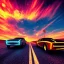 Placeholder: art deco, cyberpunk, two neon muscle cars, race, speed, desert road, sunset, full colour, hd,