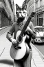 Placeholder: One single mature cat, playing guitar in the street , Vienna, friendly, model style, hyper realistic, extremely accurate, delicate, extremely detailed, Graphic novel style, wide-angle, open aperture, superfine pencil