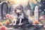 Placeholder: cute chibi anime cat girl in the graveyard, sadly sitting next to a grave, flowers in her hand in sunshine, melting watercolor and black ink outlines on wet paper, shading colors, soft strokes, ethereal, otherwordly, cinematic postprocessing, bokeh, dof