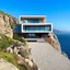 Placeholder: Dream house with modern architecture design, built on a rocky terrain overlooking the ocean and mountains, with multiple levels, with large windows and doors that offer panoramic views. The architecture features acute angles and a rooftop terrace. The rocky terrain has plants and a gravel path leading to the house. The background is a clear sky, blue ocean waves and mountains with greenery