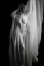 Placeholder: Artistic photograph, female form obscured by a translucent, draping fabric. Fabric contours tightly to the body, highlighting the shape like Renaissance sculpture, interplay of light and shadow, light source comes from above and to the side, stark contrasts, natural lines and curves emerge with a sculptural quality, analog film photo, faded film, desaturated