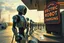 Placeholder: A cinematic wide-angle oil painting of a humanoid robot plugging a thick electric charging cable into its torso port at a futuristic charging station within a retro-style gas station. A long line of identical humanoid robots stands patiently behind, waiting for their turn to recharge. A large vintage-style sign to the side reads 'Electric Robot Charging Station.' The scene is bathed in golden-hour lighting, with rich, noisy colors, expressive thick brushstrokes, intricate steampunk elements, glo