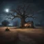 Placeholder: Hyper Realistic Field & dry old tree at night with scarecrow & broken cottage