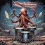 Placeholder: anthropomorphic Octopus with an american flag headband playing drums in a rock and roll band, multiple arms holding drumsticks, expansive drum set, by Tim White, by Aaron Brooks, hyperreal modern comic book art, palpable textures, distressing hues, White's distinctive visceral style, detailed line work, rich sharp colors.