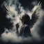 Placeholder: woman sitting forward Her face upward and blows cigarette smoke from their mouth upward. a figure with wings emerging from its back. behind the clouds of smoke look death. dark and mysterious