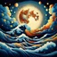 Placeholder: Pointillist artwork. Medium shot. Animated waves and storm clouds partially occlude the huge moon in a nighttime sea storm. Wide angle lens. Mikalojus Konstantinas Ciurlionis inspired pointillism with Miriam Schapiro's vibrant colors. Geometric shapes and patterns reminiscent of Naomi Okubo's style. Screen print textures and pop art aesthetic. Triadic colors with blue, yellow, and red hues. Golden hour glow with symmetrical composition. 8k resolution, highly detailed, trending on Artstation, fol