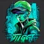 Placeholder: Vector t shirt art ready to print green blue light color graffiti illustration of a cyberpunk boy and a basecap with text "Digi".On cap, white background.