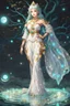 Placeholder: A beautiful girl with glowing starry eyes. And with turquoise hair decorated. And full body. Holds 10 glowing glass beads with a moon inside .girl void. full body Glowing golden eyes and white hair. Standing on a land of water embellished with sapphires and ornate trees. And beautiful buildings. And a sky full of star. realistic