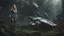 Placeholder: Wide-angle, woman with straight hair, dressed like a robot, with equipment in her hands, next to a crashed spaceship, in a clearing on an alien jungle world
