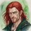 Placeholder: dnd, fantasy, watercolour, large strokes, stylistic, portrait, illustration, dull colours, male, face, narrow long face, weathered face, green eyes, determined, smiling, red hair, very long hair streaming down the shoulders, radiating light, five o'clock shadow