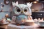 Placeholder: cute chibi plushy fluffy knitted and embroidered natural colored owl with cake in a kitchen, feathers, iridescent flowers incorporated, light emitting, bioluminescent holographic room, silver foil, sparkling diamonds, holographic raw pearls, ethereal, cinematic postprocessing