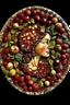 Placeholder: Vintage mosaic, cracked glaze, beautiful {select: woman/roserpine}, pomegranates in her hair, pomegranate fruits at her table, sun and moon, breath-taking realistic.