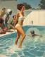 Placeholder: [art by Norman Rockwell] one woman in a pool, she is attacked by a dangerous alien woman