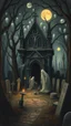 Placeholder: Hieronymus Bosch style , a graveyard with ghosts