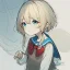 Placeholder: Clear focus, High resolution, rough line, sketch art, cute, cartoon, short blonde hair, hair between eyes, fluffy hair, blue eyes, wearing a sailor uniform, wearing a brown vest, baby, long locks, 1girl, red bow