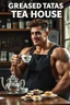 Placeholder: a young mechanic man with huge muscles and his top off enjoying high tea by himshelf with little cakes, with large title( GREASED TATAS TEA HOUSE)
