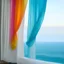 Placeholder: Cara delavigne A white curtain above the sea, turquoise, pink, orange, yellow, wind blowing