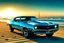 Placeholder: a sparkling metallic blue 1971 chevelle SS with a white racing stripe on the hood sitting on a white sandy beach with a crashing ocean wave towering over it and a glowing sunrise over the churning turquoise ocean as a background