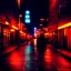 Placeholder: cyborg on wretched city street poignant cyberpunk neon lights rainy atmosphere night time