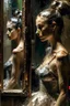 Placeholder: a beautiful ballerina, in a studio, Infront of a mirror, side profile with eyes looking slightly Down, her reflection in the mirror is however looking straight back at her and not looking down, scary, dark undertone, 12k, detailed painting, thick impasto and textures with rough brush strokes, chaos background with cracked paint, peeling off