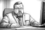 Placeholder: big russian man sitting at desk, portrait, speech, TV address, nametag, glasses, neck beard, short hair, mustache, suit without tie; caricature style, sketch art; black and white; grayscale, pencil drawing