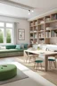 Placeholder: Minimalist playroom and study room for kids with study tables and couch