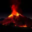 Placeholder: A dark orangish red volcano with spewing fire designed in Lascaux cave paintings painted by Henri-Robert Bresil