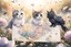 Placeholder: two cute anime chibi cats on either side of the picture looking at a pigeon in the top centre of the picture, flying with an envelope in its mouth in sunshine, flowerfield, watercolor and black ink outlines, ethereal, cinematic postprocessing, bokeh, dof