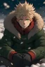 Placeholder: Chico anime al estilo berserk, atractivo y musculoso. Pelo rubio al estilo de bakugo, ojos verdes. Acostado en la nieve serio, con chaqueta negra con pelaje en la capucha abierta y con sueter rojo adentro. (Estetica darkcore)