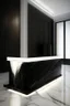 Placeholder: Museum reception desk with black walls, white floor, hidden or rich lighting, and the use of marble in the design